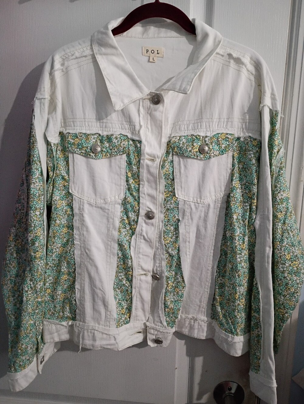 POL White Denim Jacket with Green Floral Panels